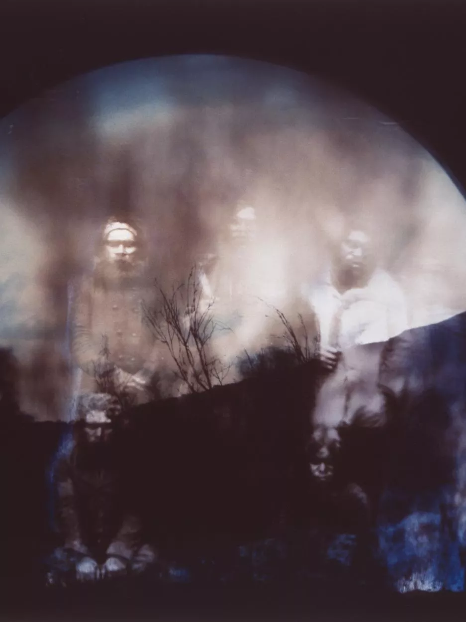 Artwork superimposing faded photography of Indigenous Australian people over a silhouetted landscape.