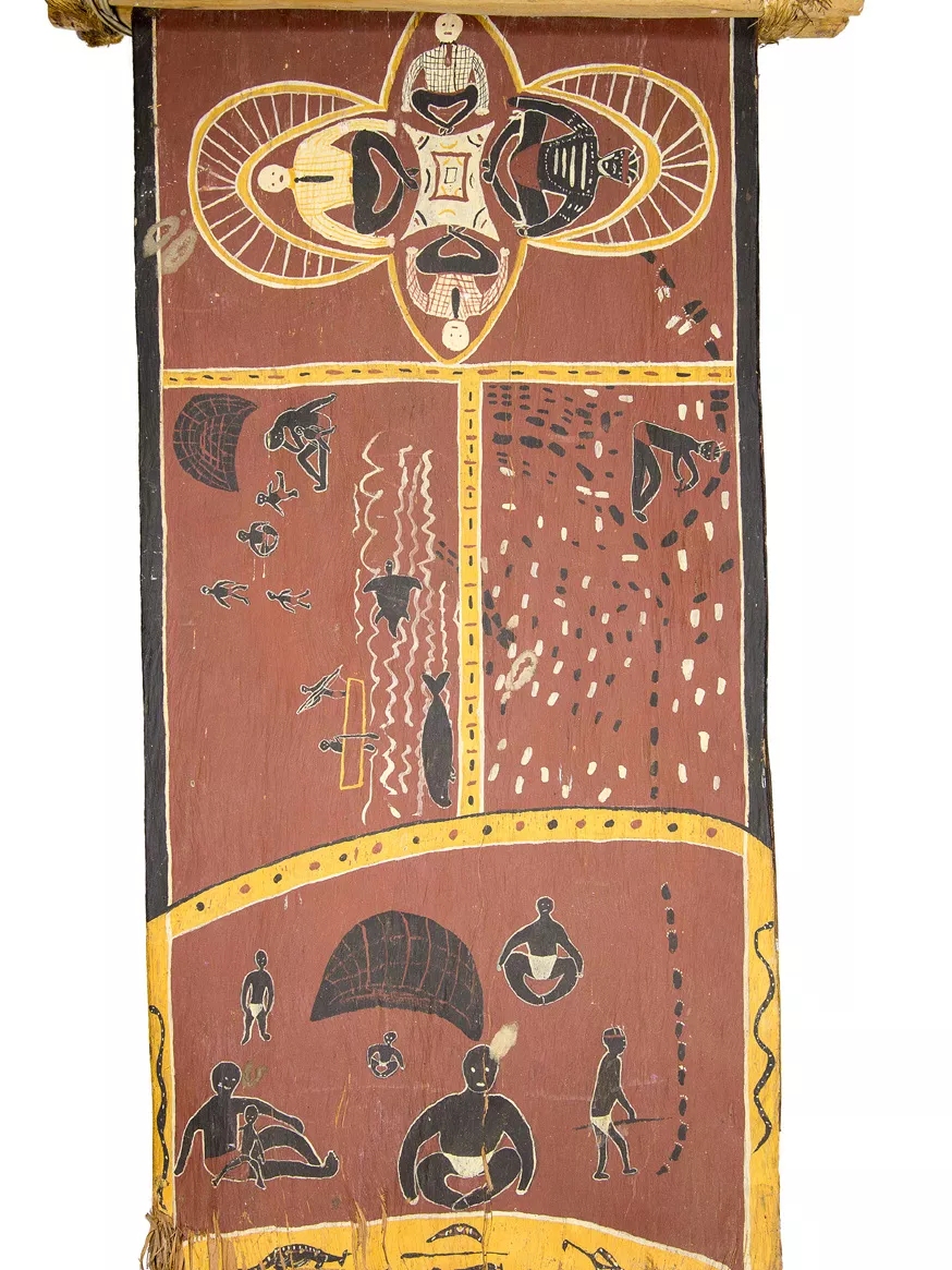 A bark painting that shows Senator Neville Bonner’s life in four scenes