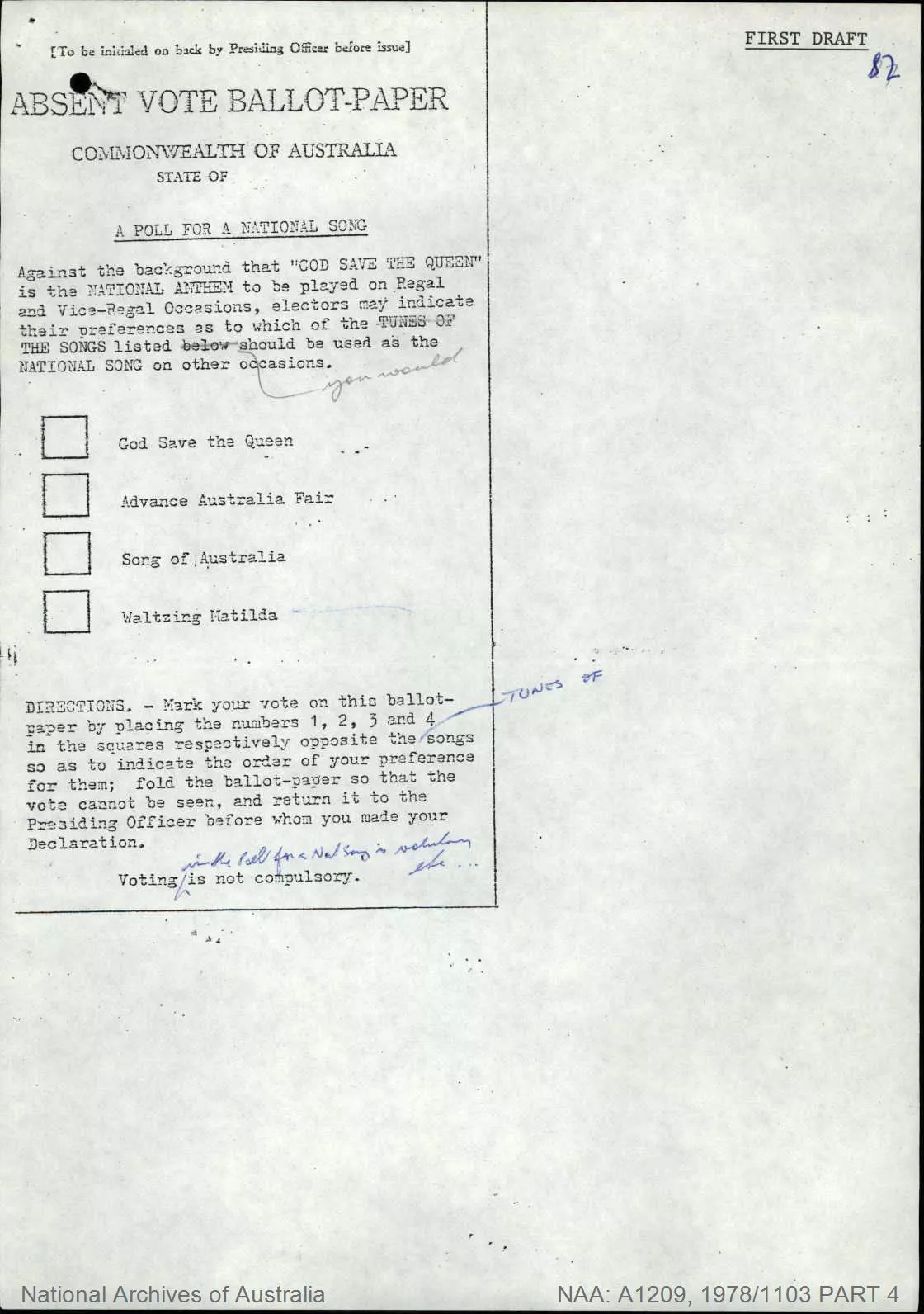 A draft postal voting ballot paper for the National Song poll from 1977. 
