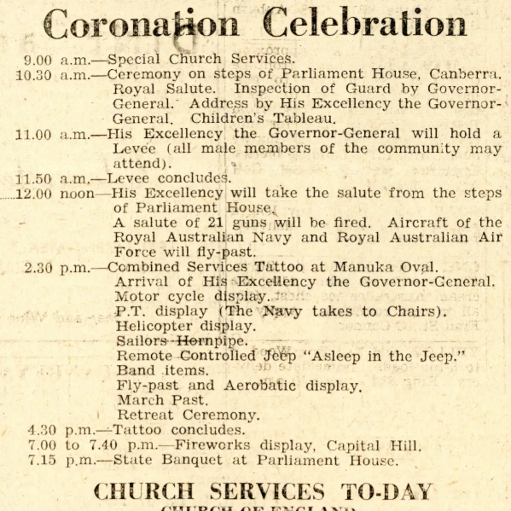 A newspaper cutting with the heading 'Coronation Celebration' outlining the proceedings for coronation day in Canberra.