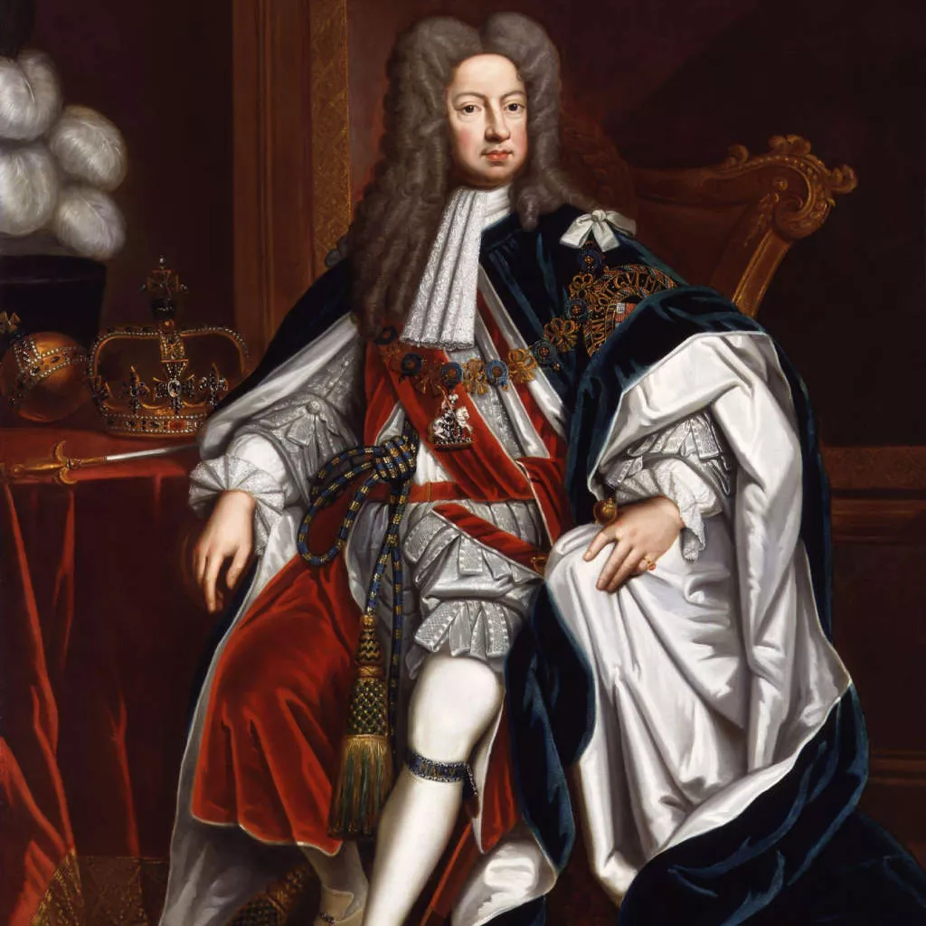 Portrait painting of King George I, seated with crown, sceptre and orb on the table next to him.