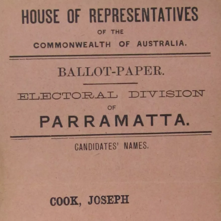 A House of Representatives ballot paper from 1901, printed on faded brown/pink paper, with the names of candidates 'Cook, Joseph' and 'Sandford, William', the latter name crossed out in pencil.