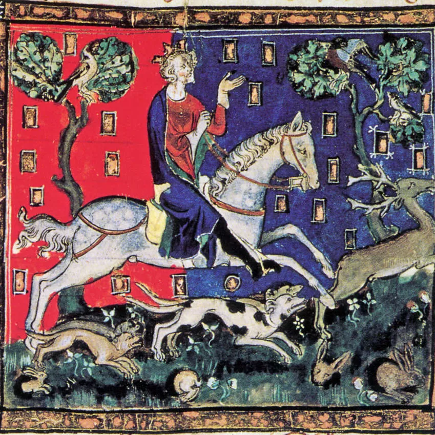 Medieval illustration showing King John riding a white horse and surrounded by animals.