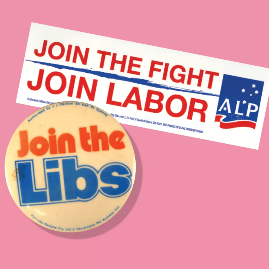 A rectangular sticker that reads 'Join the fight, join Labor - ALP' and a round pin that reads 'Join the Libs'.