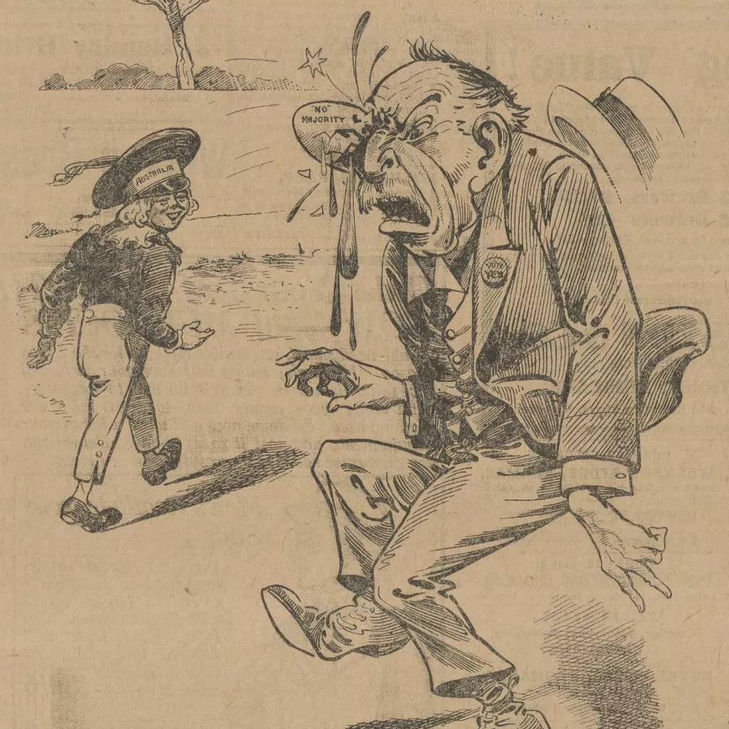 A newspaper cartoon with the heading 'Who threw that egg?' depicting a man wearing a suit and pin that reads 'Vote Yes' hit in the yee with an egg labelled '"No" Majority', and child walks away wearing a hat labelled 'Australia'.