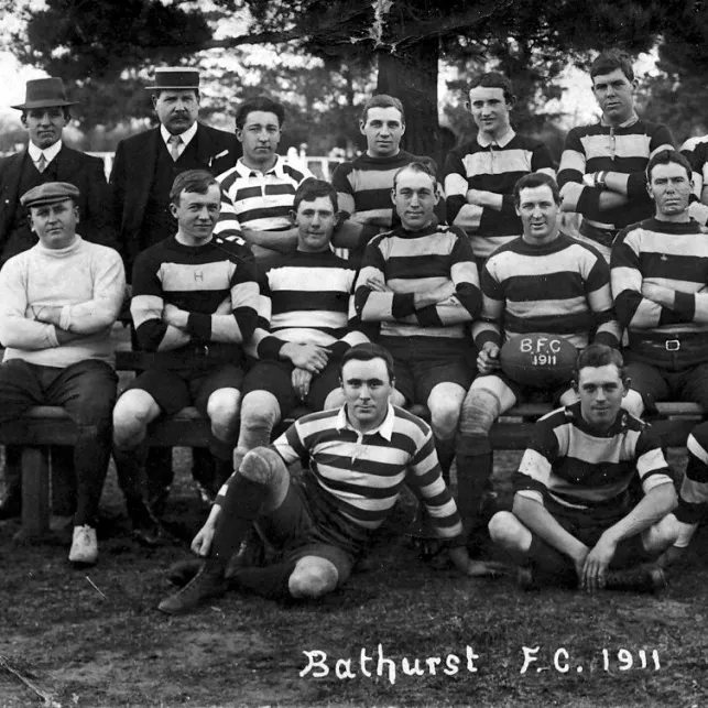 A black and white team photo of Bathurst Football Club in 1911.