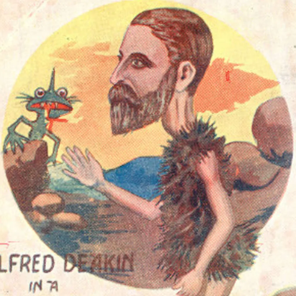 A cartoon of 'Affable Alfred' Deakin, with him wearing 'borrowed plumes', taken from an old Greek fable.