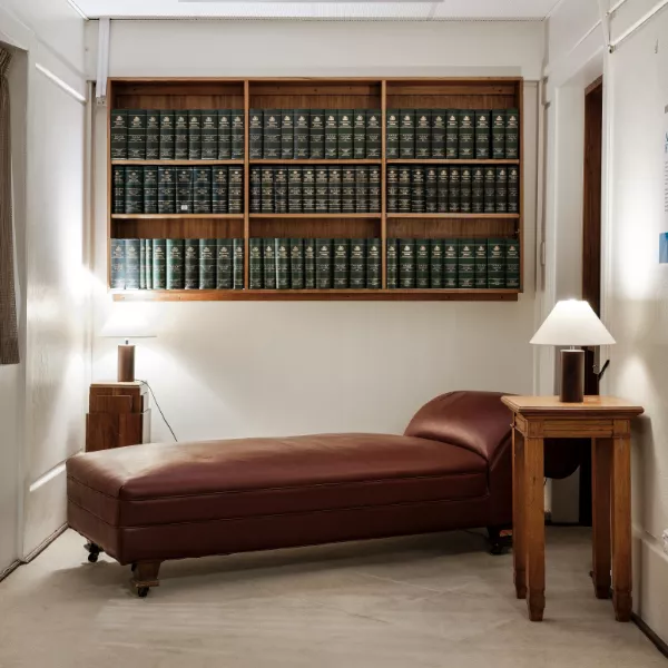 A chaise sofa with side table and bookshelf built into the wall