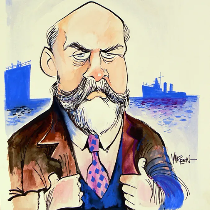 Colour caricature of Joseph Cook, with blue silhouettes of ships on the water in the background.