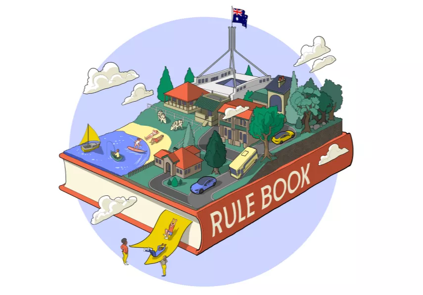 An illustration of a book with the words 'rule book' down the spine with parliament house sitting house on top of the book.