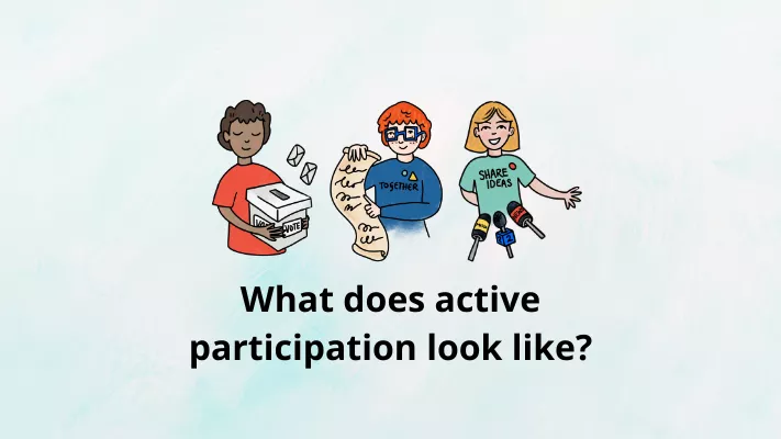 Caricatures of three young people with the heading 'What does active participation look like?'