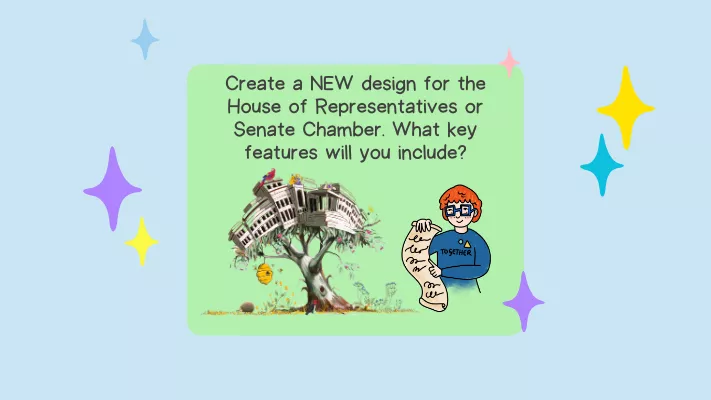 Design activity description illustrated with a cartoon of Old Parliament House sitting in a tree and a person with red hair and glasses holding a long paper list.