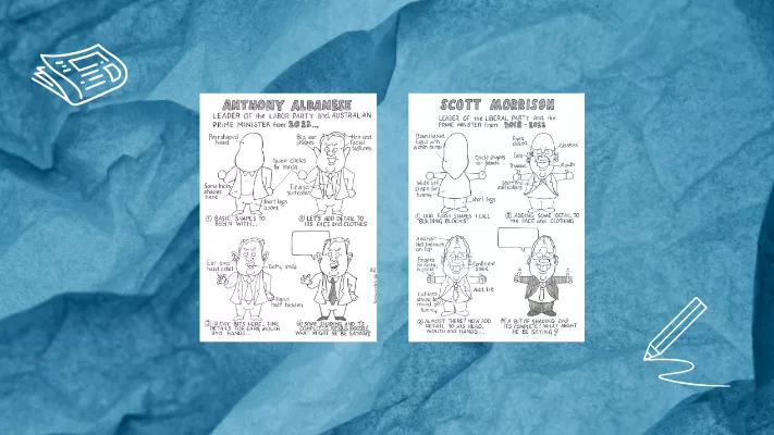 Detailed 'how to draw' caricatures of Anthony Albanese and Scott Morrison.