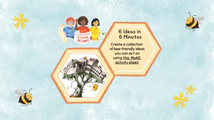 Two hexagonal shapes, one with an activity idea and the other with a cartoon of Old Parliament House, with two bees in the background and a group of three girls.