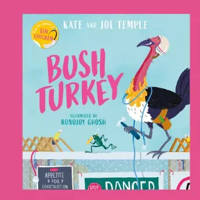 Cover art from the book Bush Turkey, featuring a turkey wearing a helmet and toolbelt and walking on a wire fence with warning signs on it.