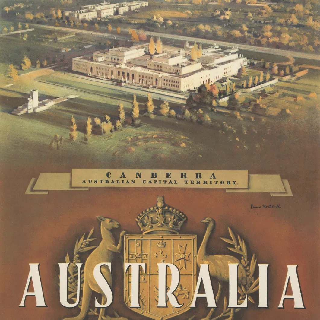 An illustrated travel poster showing an aerial view of Old Parliament House, a large white building, surrounded by green land. The Australian coat of arms is on the bottom with the word Australia over the top. There are also the words Canberra, Australian Capital Territory along the bottom. 