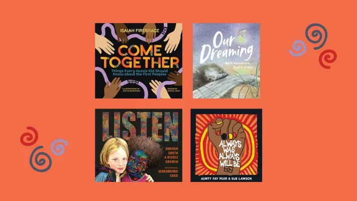 Orange image featuring four First Nations picture book covers.