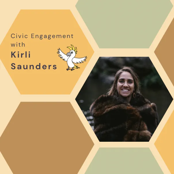 Yellow, brown and light green tiles on a yellow background. A picture of a woman wearing brown in the centre tile. Text on one tile reads, 'Civic Engagement with Kirli Saunders'.