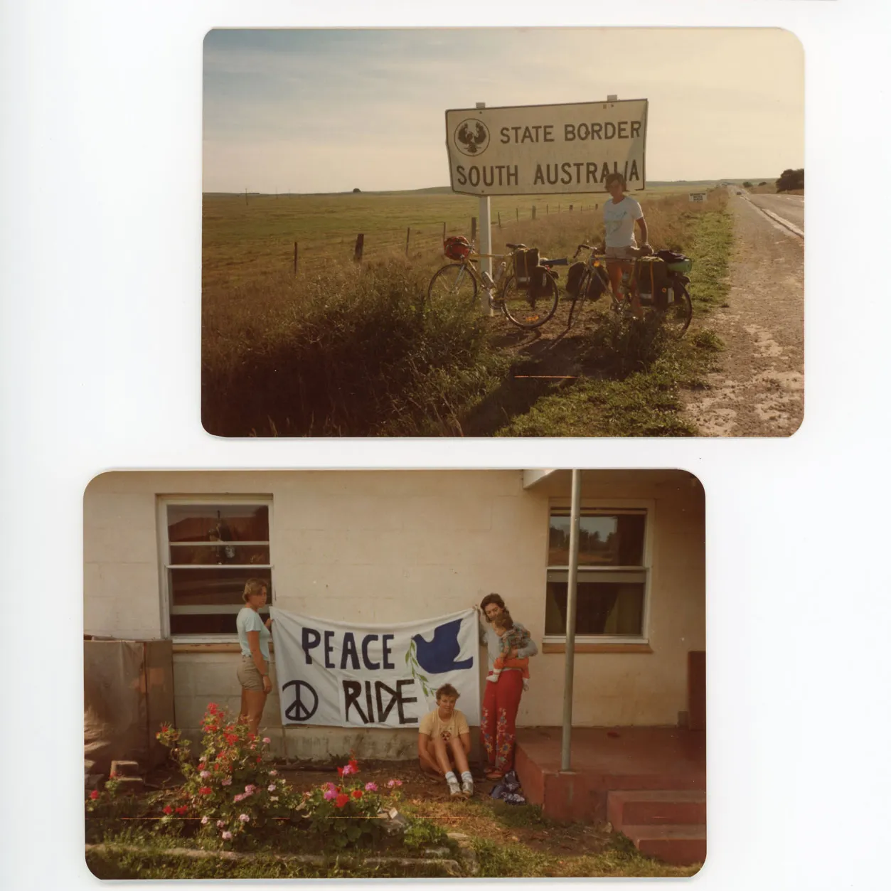 Three photos. First photo a group in a kitchen. Second photo a woman at the SA border with her bike. Third photo two women hold a 'Peace Ride' banner against a wall.