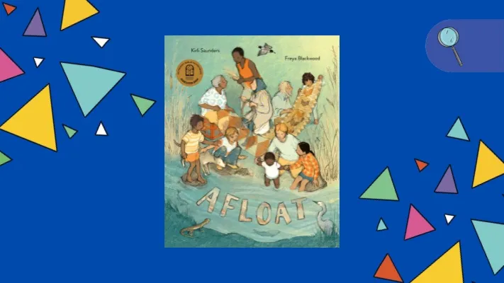 Front cover of picture book Afloat on a blue background with coloured triangles. Front cover of picture book Afloat on a blue background with coloured triangles.