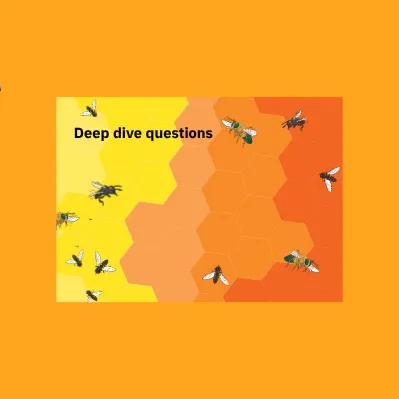 A graphic with bees, a light bulb and the words 'Deep dive questions'. A graphic with bees, a light bulb and the words 'Deep dive questions'.