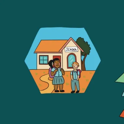 A graphic of a two students outside a school on a green background with a yellow sun. A graphic of a two students outside a school on a green background with a yellow sun.