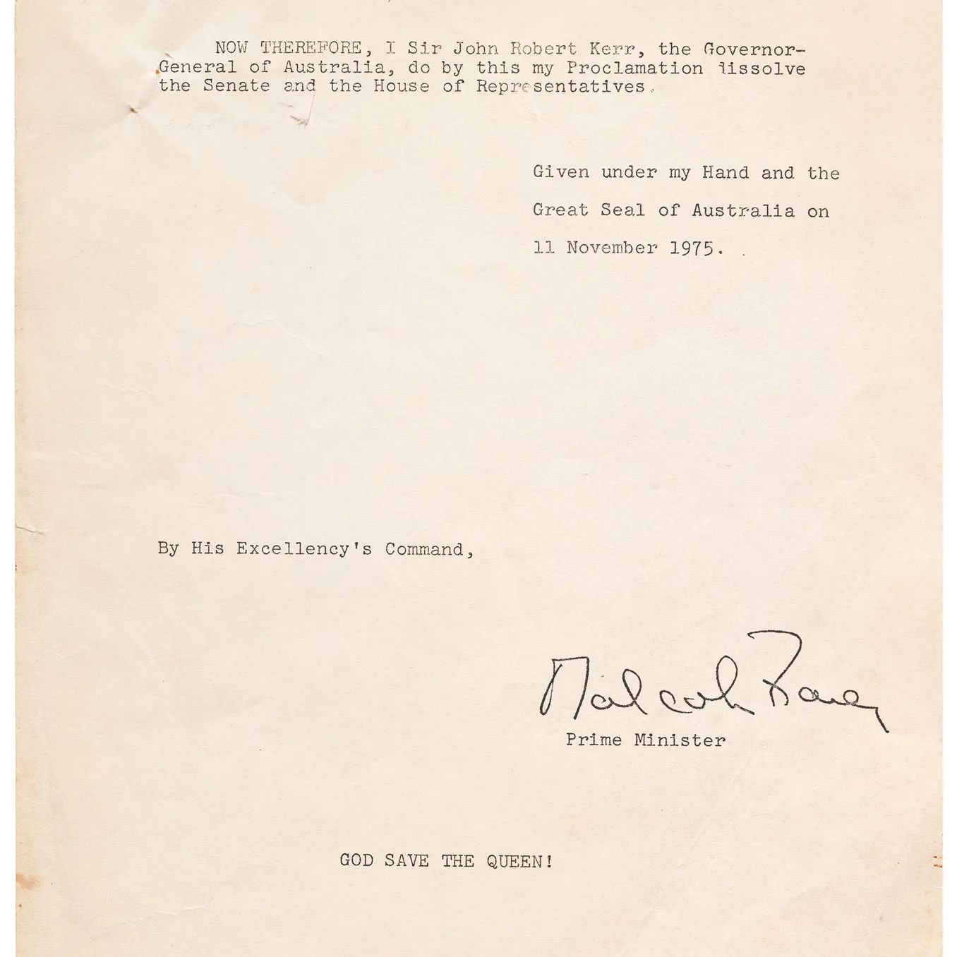 Second page of the proclamation dissolving parliament in 1975, countersigned by Malcolm Fraser.