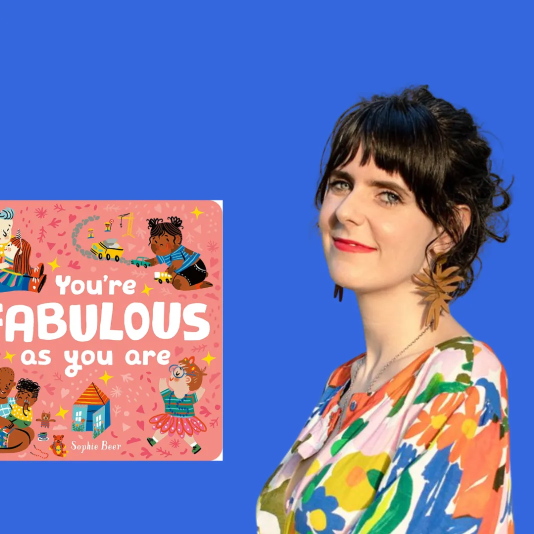 Sophie beer with two of her books, "Kindness makes us Strong" and "You're fabulous as you are"