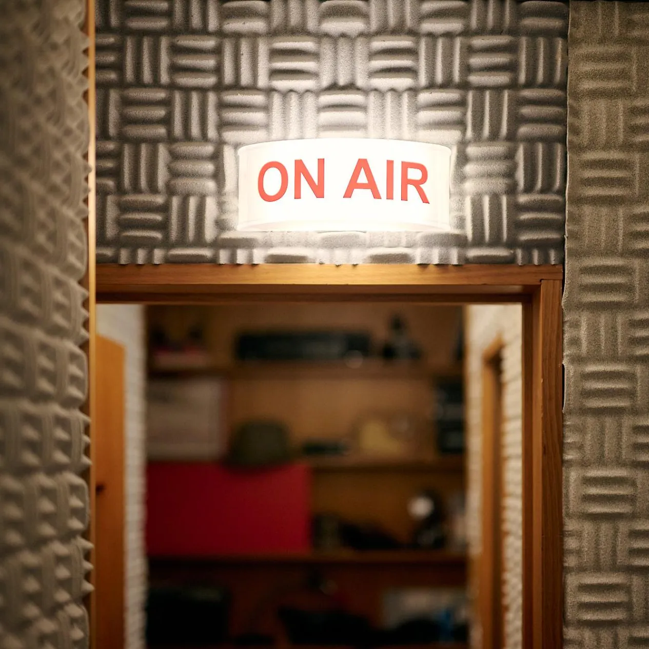 An 'on air' sign is lit up in a studio in the Press Gallery in Old Parliament House.