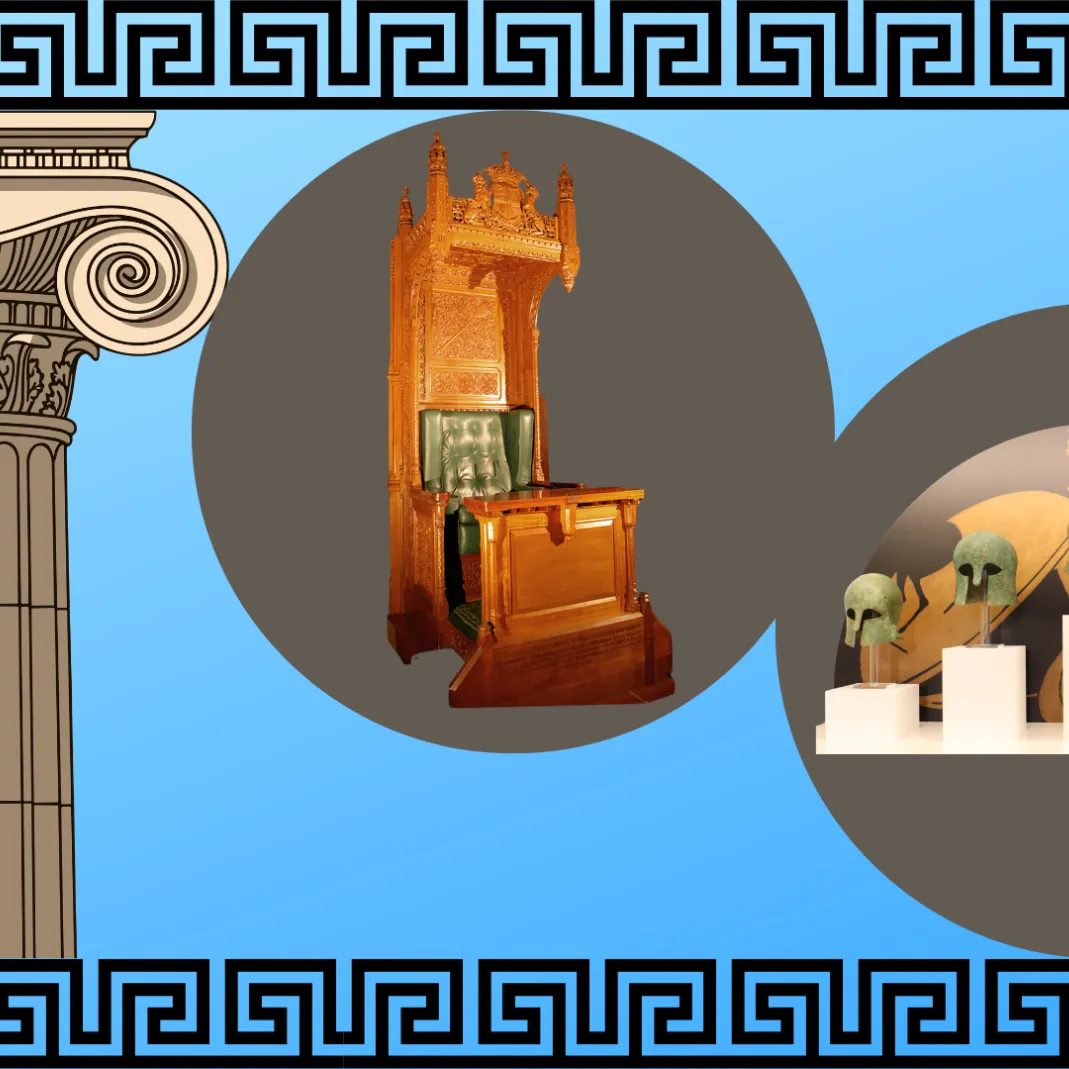 A graphic image featuring a Corinthian column, an image of the Speaker's Chair, and some ancient Greek helmets.